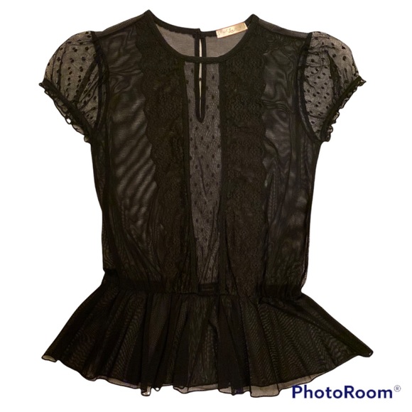 Lux Tops - RARE SEXY VINTAGE SHEER BLACK TOP W LACE, CAP SLEEVES CINCHED WAIST BLOUSE